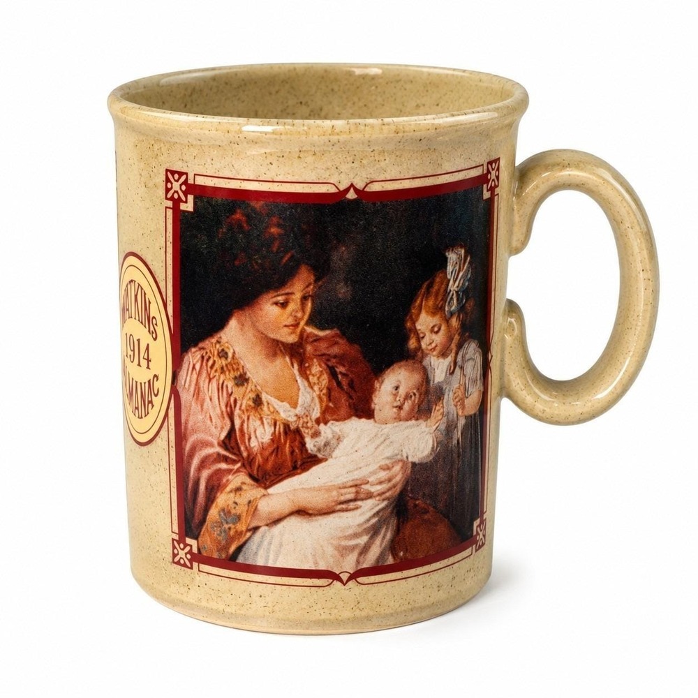 Vintage J.R. Watkins 1914 Almanac Coffee Mug Made in England Stoneware Cup‎